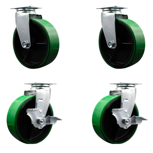 6 Inch Green Poly on Cast Iron Swivel Caster Set with Ball Bearings 2 Brakes